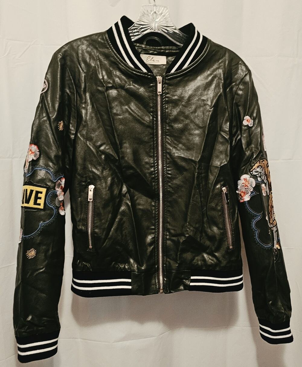 Elan Women's Embroidered Faux Leather Bomber Jacket Black Size Medium